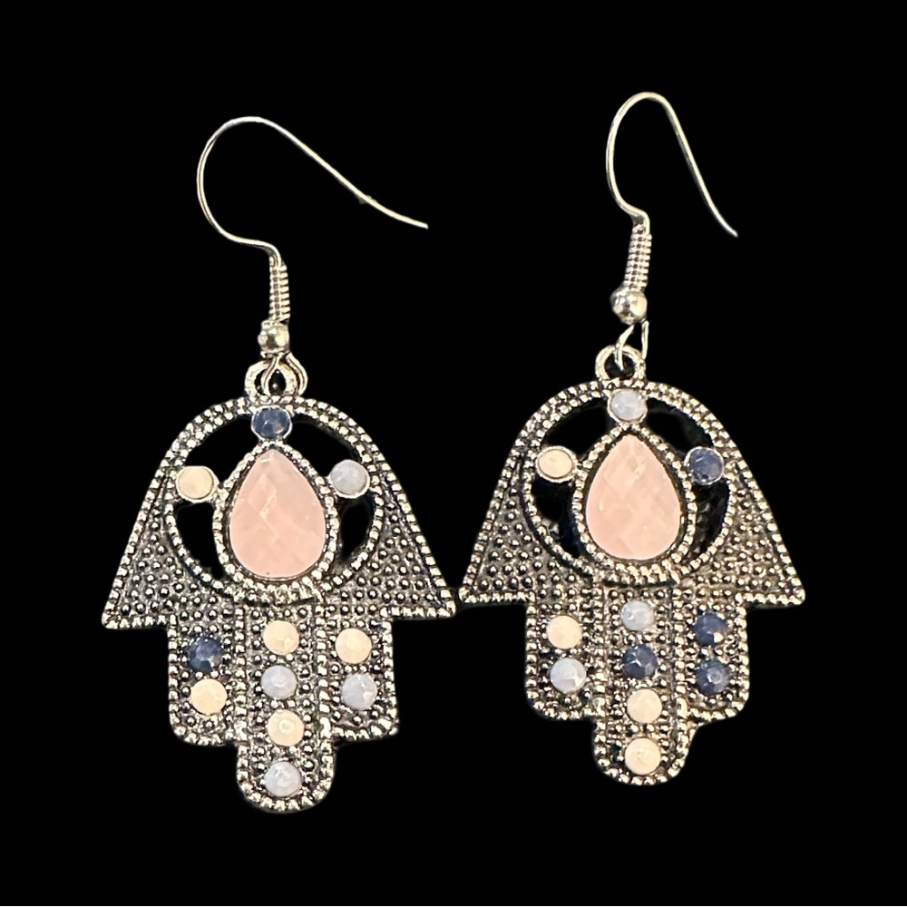 Hamsa Hand Drop Earrings Pink Center Good Fortune Filigree Style New
